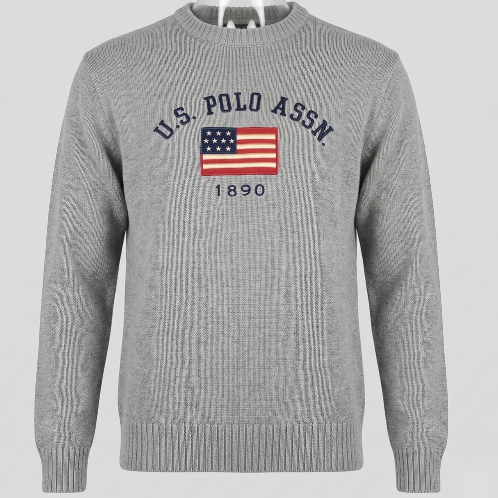 US Polo Assn Mens Large Gray Sweater Crewneck Flag Logo 100% Cotton